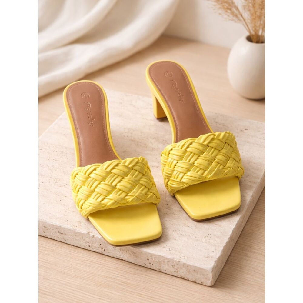 GUC Piepiebuy Women’s Yellow Braided Slip-On Sandals 2” Kitten Heel - Size 6